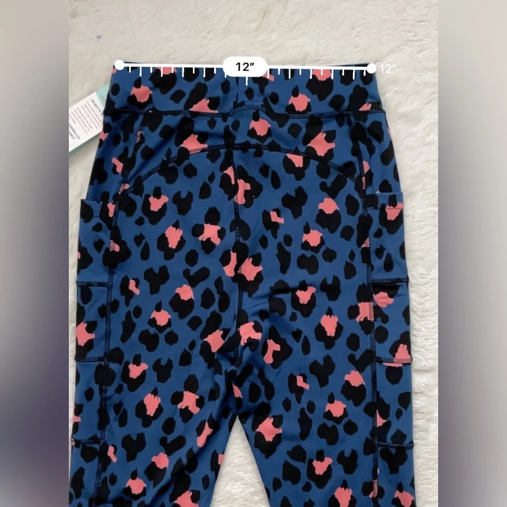 POP Fit Leggings Navy Blue Leopard Print Pockets Workout Gym Yoga Medium - Picture 6 of 9